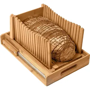 Bamboo Bread Slicer with Crumb Tray, Adjustable Compact Foldable Bread Cutter for Homemade Bread, Loaf Cakes, Bagels, 3 Optional Slice Sizes