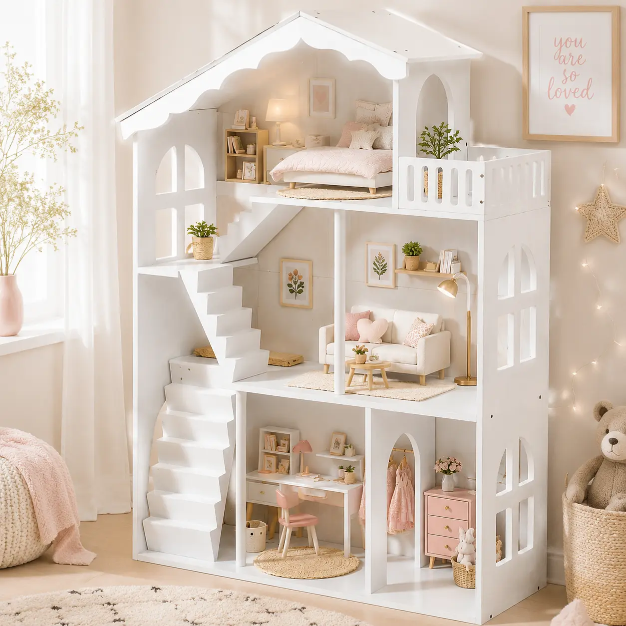 Montessori Doll house for Kids Wooden 3 Tier Toy Storage Shelving Unit White Kids Dollhouse Wooden 3-Tier Toy Storage Organizer Display Shelf White Doll House Toy Storage Wooden 3-Tier Kids Room Display Shelf Organiser
