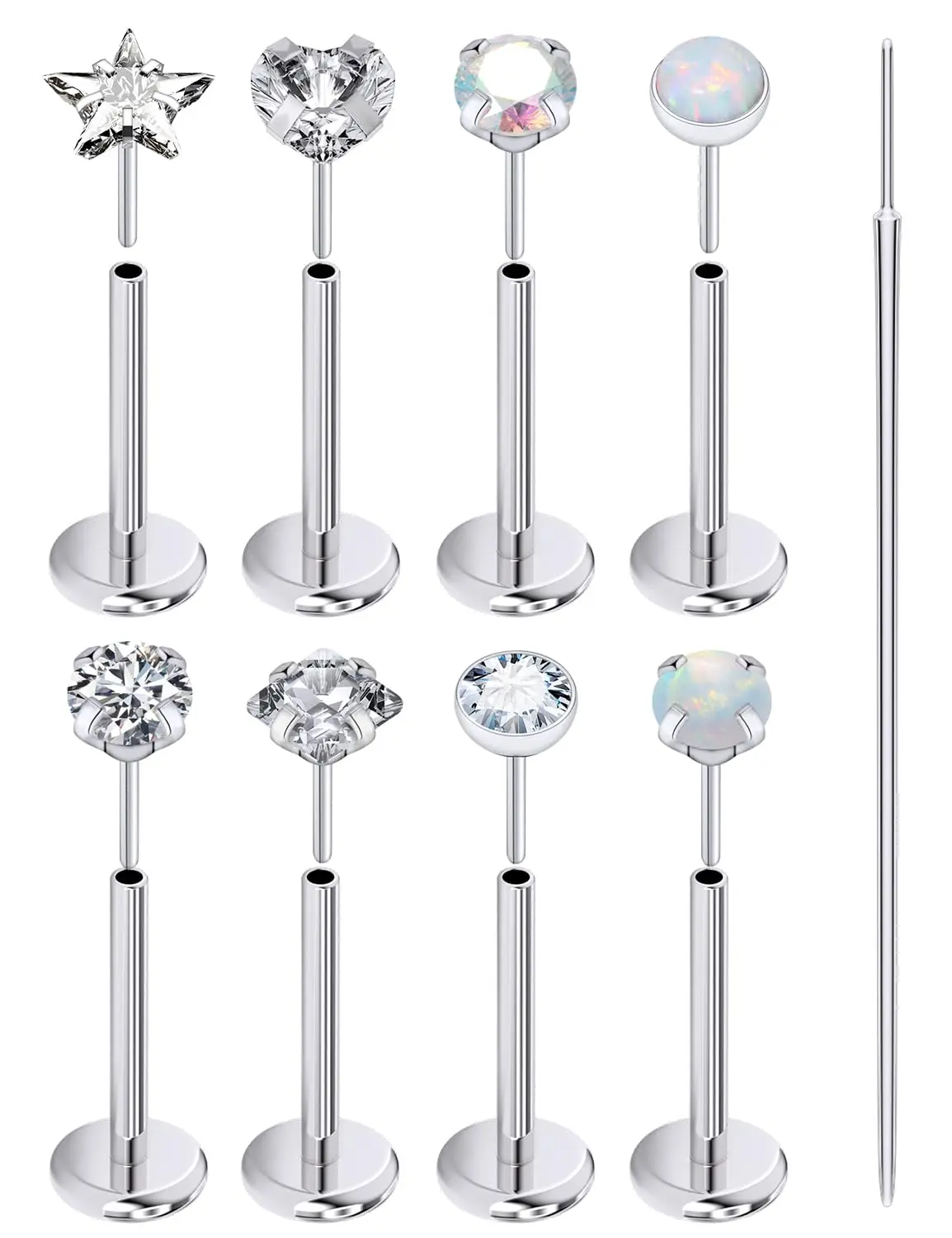 9 Pcs Diamond Flat Nose and Lip Nail Set,Flat Back Nose Stud Hypoallergenic Nose Piercing Lip Studs Fashion Accessories,Christmas Party Gifts,Hand Tools Kits