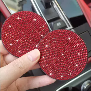 2pcs Universal Car Cup Holder Coaster 2.75 inch Anti - Slip Shockproof Bling Red Crystal Rhinestone Girl Women Car Interior Accessories