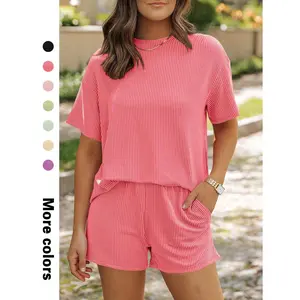 Women's Ribbed 2 Piece Loungewear Set Short Sleeve Top Elastic Waist Shorts with Pockets Loose Fit Casual Summer Outfit for Daily Errands Lazy Days