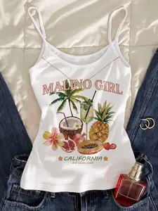 Women's Milk Silk Cami Top, Smooth Strapless Vest, Coconut Letter Print, Fruit Lover, Jersey, Thin Straps, Sexy, Youthful, Fashionable, Casual, Retro, Minimalist, Y2K