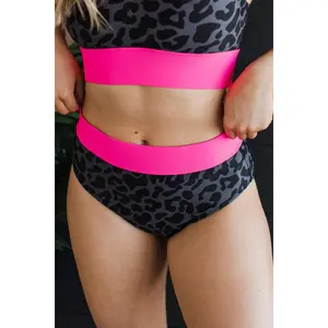 Ray Of Sunshine Swim Bottoms- Charcoal Leopard & Neon Pink