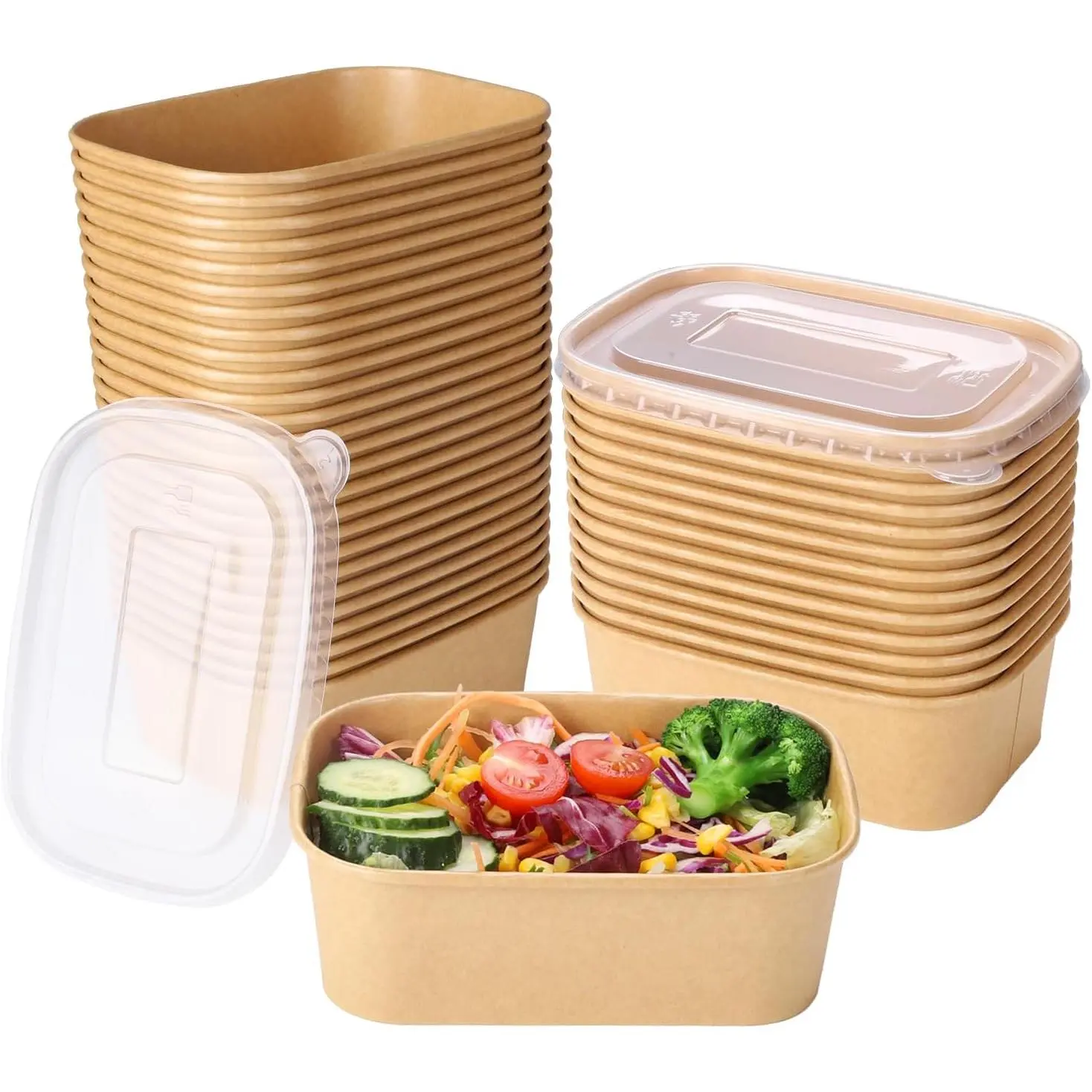 50-Set Disposable Cardboard Bowls with Lids, (25oz Kraft)50pcs Cups+50pcs Lids, 750ml Rectangular Food Containers, Party Disposable Tableware Set for Hot/Cold Food Takeaway