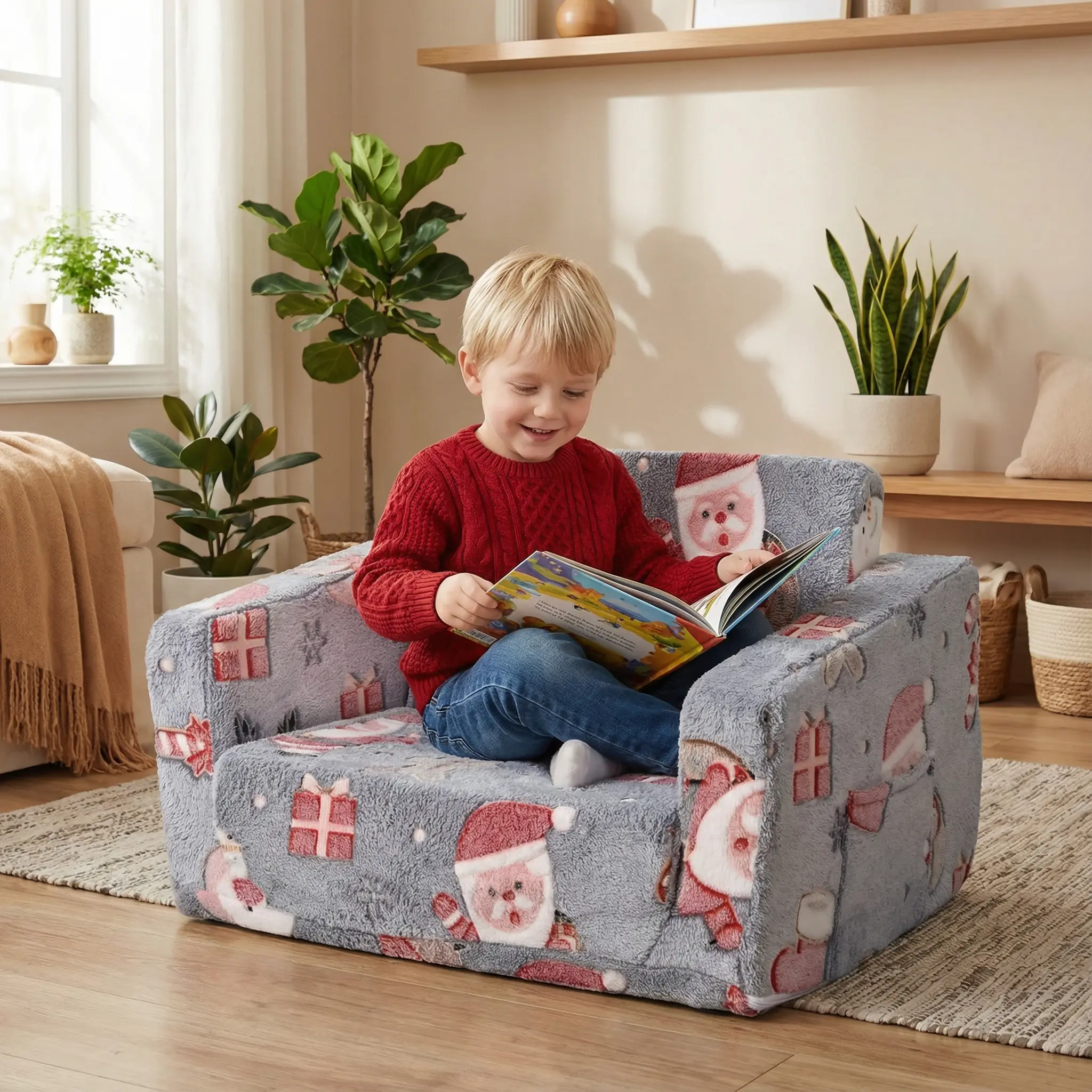 Children's sofa folding chair, Santa pattern, easy to assemble and clean, suitable for living room, bedroom, children's room, courtyard, turning sofa into bed, suitable for girls and boys' Christmas and birthday gifts, [Restore shape after vacuum compress