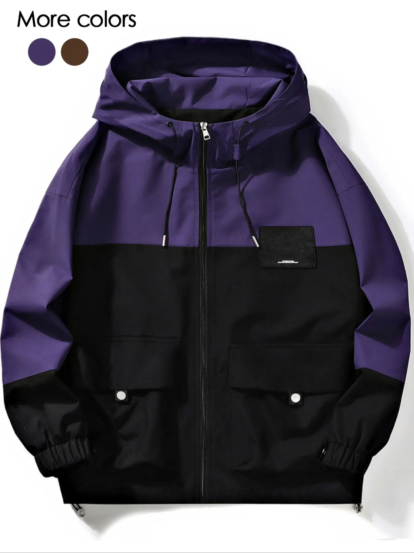 Men's Colorblock Patched Zip Up Hooded Jacket, Streetwear Jackets, Regular Fit Casual Long Sleeve Drawstring Pocket Outerwear for Spring & Fall, Fashion Men's Clothes for Daily Wear, Fashion Casual Coats, Casual Outerwears