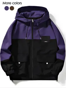 Men's Colorblock Patched Zip Up Hooded Jacket, Regular Fit Casual Long Sleeve Drawstring Pocket Outerwear for Spring & Fall, Fashion Men's Clothes for Daily Wear, Fashion Casual Coats