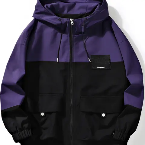 Men's Colorblock Patched Zip Up Hooded Jacket, Streetwear Jackets, Regular Fit Casual Long Sleeve Drawstring Pocket Outerwear for Spring & Fall, Fashion Men's Clothes for Daily Wear, Fashion Casual Coats, Casual Outerwears