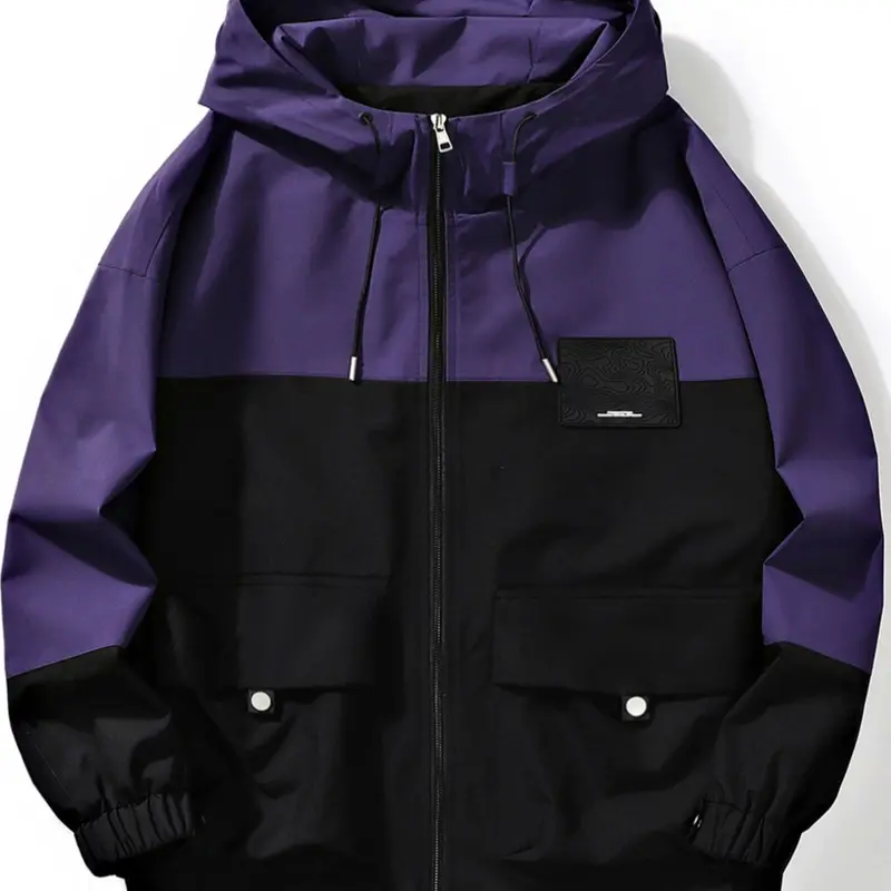 Men's Colorblock Patched Zip Up Hooded Jacket, Streetwear Jackets, Regular Fit Casual Long Sleeve Drawstring Pocket Outerwear for Spring & Fall, Fashion Men's Clothes for Daily Wear, Fashion Casual Coats, Casual Outerwears
