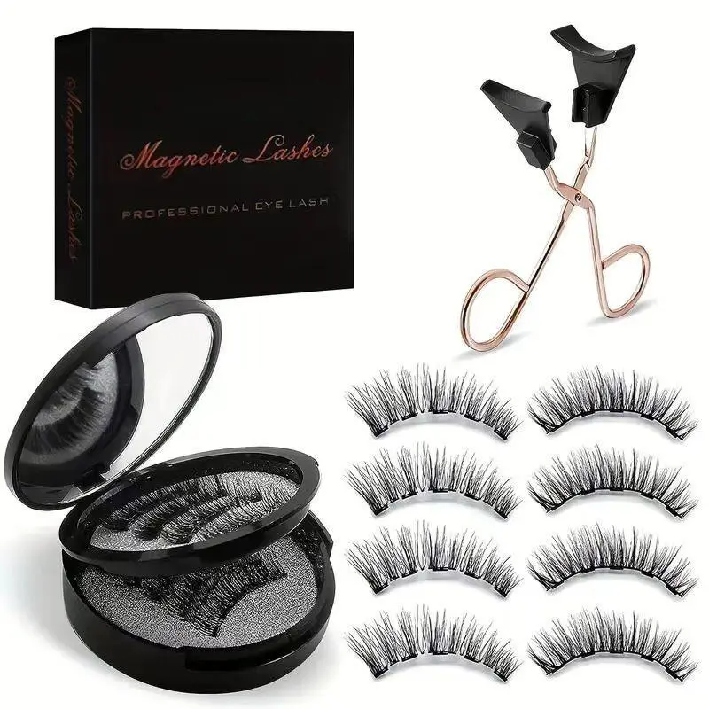 Soft Magnetic Eyelashes Set with Applicator - 4 Pairs Reusable Natural Long Hypoallergenic Glue-Free Eyelashes Extensions for Adult Gentle Makeup, Factory Direct Cosmetic