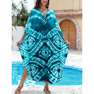 Women's Plus Size V-Neck Kaftan Dresses, Moo Moos Batwing Beach Cover-Up Loungewear, Bathing Suit Cover-Ups for Women