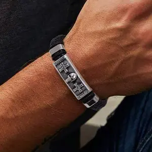 U7 Mens Skull Cross Leather Bracelet with Stainless Steel Clasp