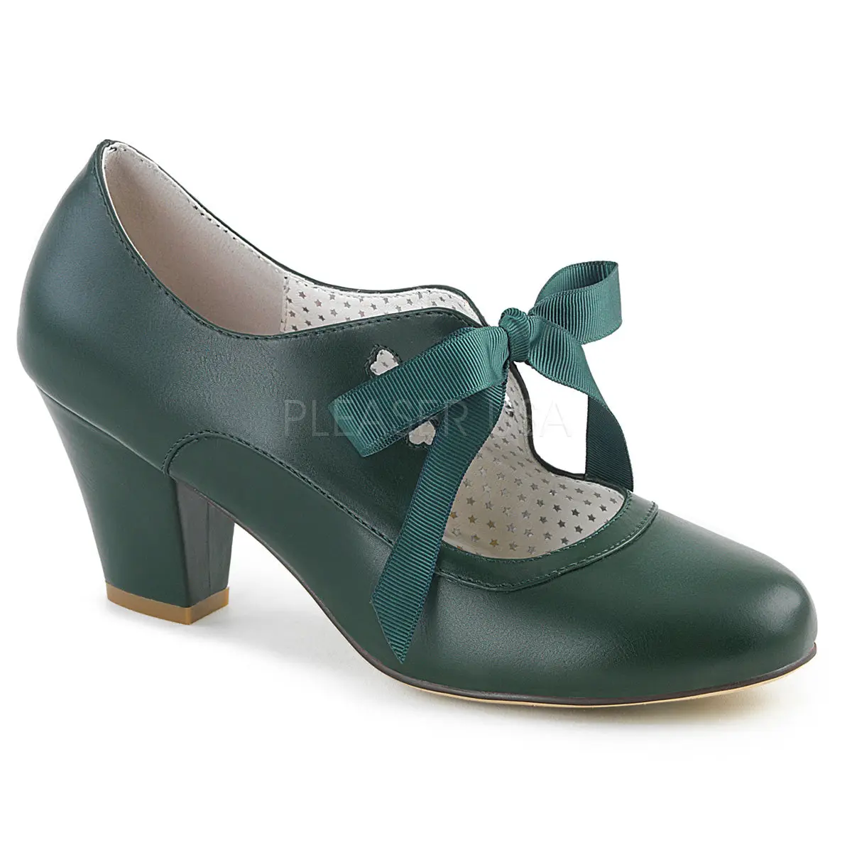 Women's High Heel Pumps, Dark Green Faux Leather Pin Up Mary Janes with Ribbon Tie, Heart Cutout & 2.5" Cuban Heel, High Heels, Footwear