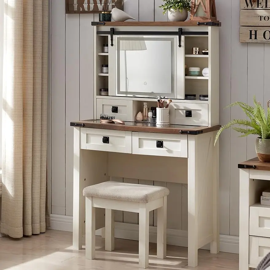 OKD Farmhouse Makeup Vanity Desk with Sliding Mirror and Lights, 31.2'' Glass Tabletop White Vanity Table with 2 Drawers & Shelves, Rustic Vanity Set for Bedroom, Cupboards & Cabinets, Stool Included