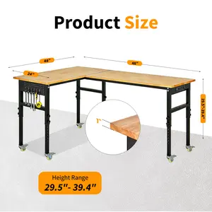 Adjustable Height L-Shaped Workbench with Power Outlet & Pegboard - Heavy Duty 2000lbs Steel Garage Tool Table - Mobile with Locking Wheels - Ideal for DIY, Workshop & Home, Steel Frame, 96 In