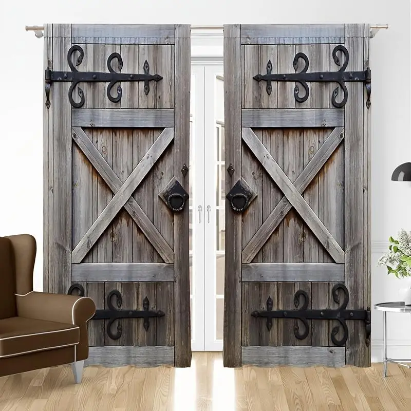 Simulation Barn Door Print Curtain Set for Room Decor, 2 Counts Vintage Farmhouse Decor Curtain for Home Living Room Bedroom, Black Out Curtains, Home