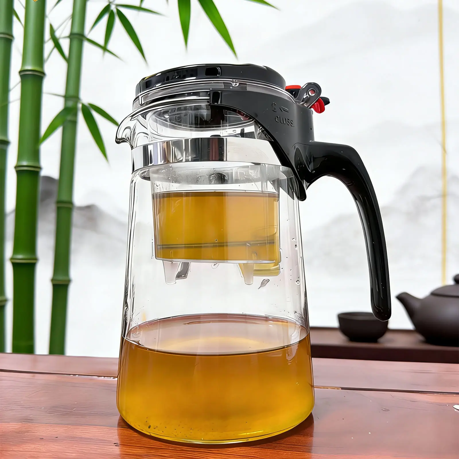 Glass Tea Brewer with Curved Handle, 1 Count Glass Tea Pot with Filter, Teapot with Strainer, Ideal for Home, Office, Kitchen & Restaurant Use, Machine Made, Teapot