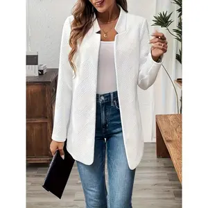 [Plus Size Open Front Blazer] Plus Size Solid Textured Open Front Blazer, Elegant Long Sleeve Blazer For Work, Womenswear Tops White Chic Suits Spring
