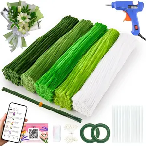 500 count Green Pipe Cleaner Flower Kit - Complete Set for DIY Flower Making, 8mm Thick 12 Inches Fuzzy Chenille Stems with Hot Glue  and Tutorials for Teens and Adults