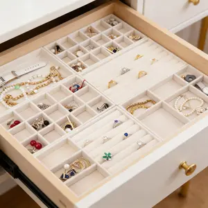 6-in-1 Stackable Jewelry Organizer Trays - Removable Dividers Trays,Multi-Sectional Drawer Inserts for Earrings, Necklaces, Rings & Bracelets