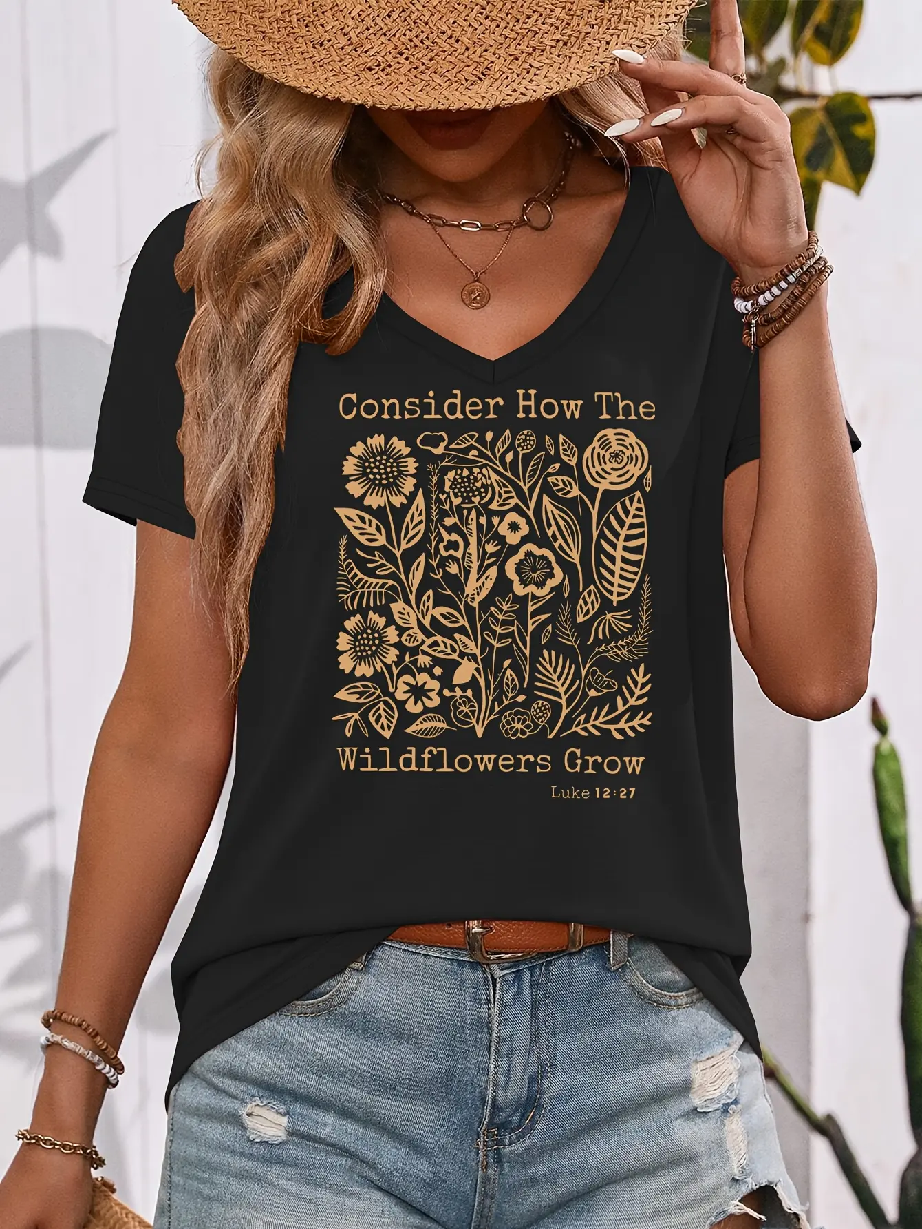 Wildflower Pattern Print V-Neck Colored T-Shirt, Summer Loose Fit Casual Top, Fashionable and Versatile