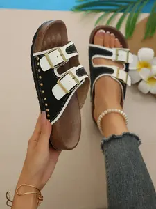 Unisex Flat Sandals with Cork Sole, Arch Support Design, Summer Beach Shoes, Adjustable Buckle, Memory Foam, Lightweight Footwear