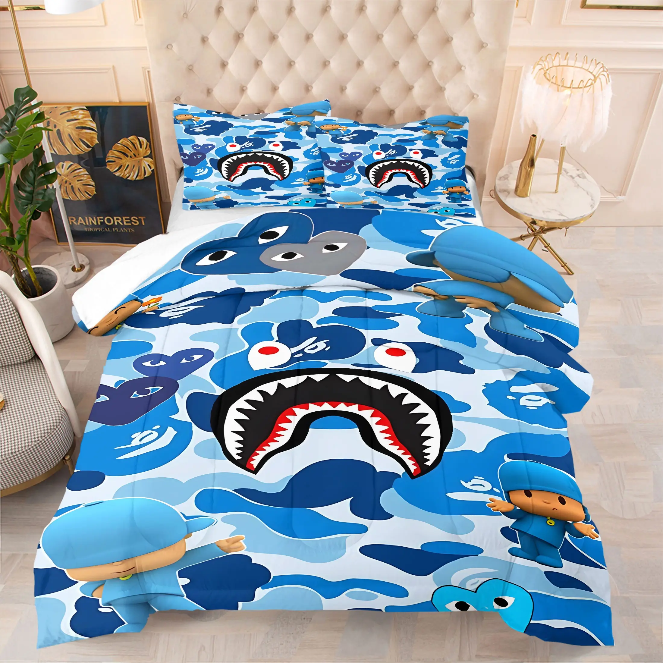 2/3pcs Cartoon Camo Shark Print Quilt Set, Cartoon Printed Bedding, Skin-Friendly Breathable Bedding Set For Boys And Girls, Suitable For All Seasons, Bedroom Decor Quilt, Pillowcase(S) (Filling Not Included)