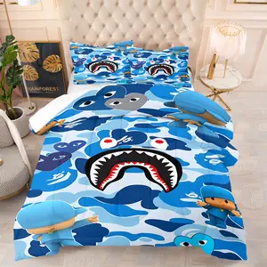 2/3pcs Cartoon Camo Shark Print Quilt Set, Cartoon Printed Bedding, Skin-Friendly Breathable Bedding Set For Boys And Girls, Suitable For All Seasons, Bedroom Decor Quilt, Pillowcase(S) (Filling Not Included)
