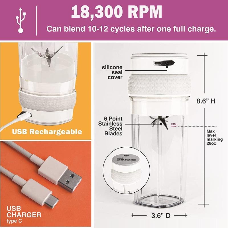 Bionic Blade Portable Blender - 18,000 RPM, USB Rechargeable Battery, Multiple Colors