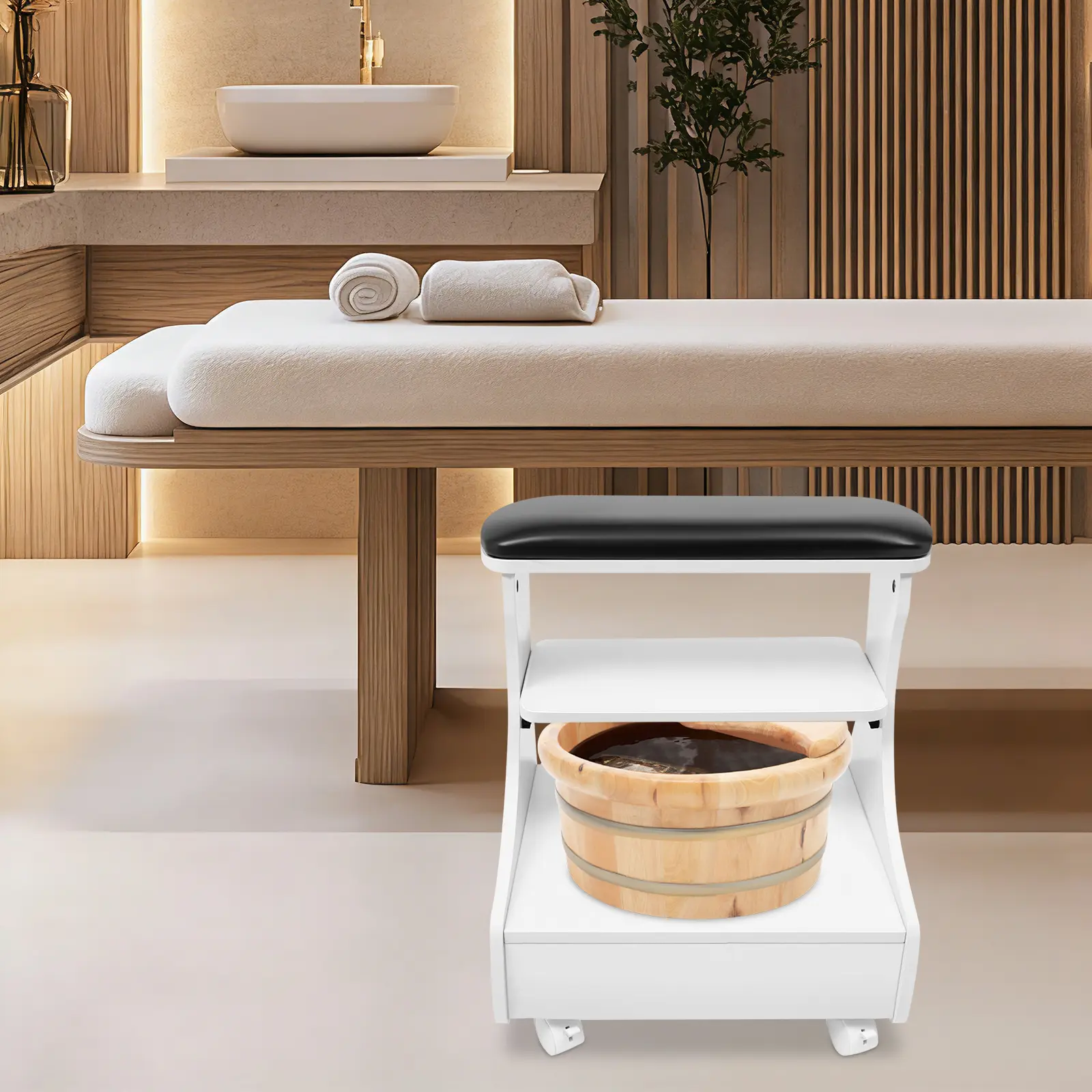 Modern MDF-PVC Salon Pedicure Chair with Floor Stand, 52x41x55cm White-Black Foot Bath Stool with 4 Wheels, 20kg Capacity, for Beauty Clinic Home, Requires Setup