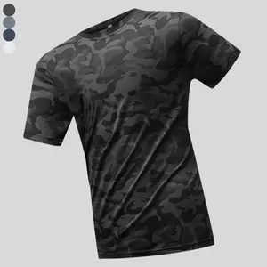 Men's camouflage print sports top short sleeve T-shirt, crew neck, breathable mesh design, suitable for summer wear
