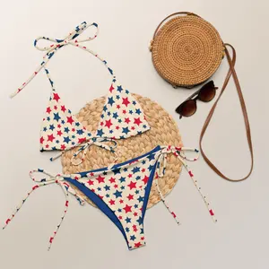 Women Red White Blue Stars Bikini Set 4th of July Patriotic Triangle String Swimsuit American Flag Stars 2 Piece Swimwear Summer Beach Sunbathing Pool Party Vacation USA Outfit