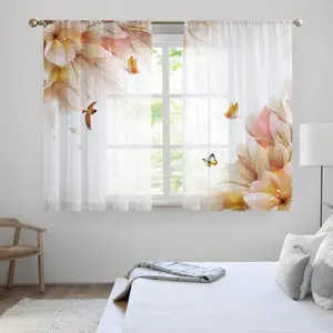 2pcs Elegant Floral Bird Small Sheer Curtains, Kitchen Short Curtain Rod Pocket Thin Sheer Cafe Curtains, Suitable for Kitchen Bathroom, Sheer Printed Curtains