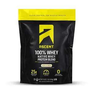 ASCENT 100% Whey Protein Powder - Vanilla Bean Flavor, 25g Protein Per Serving, Fitness Supplement
