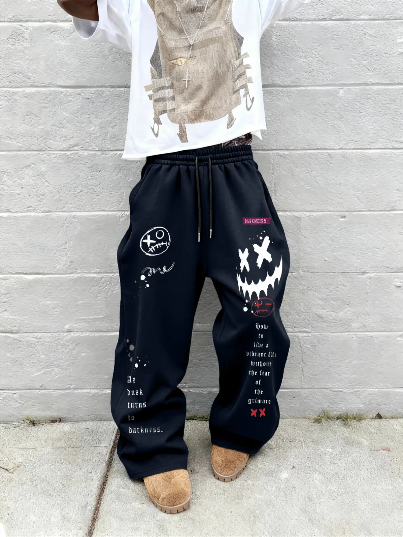 Men's Dark Graffiti Print Wide Leg Pants, Comfortable Skin-Friendly Fabric, Fashionable Street Style, Casual Wear for All Seasons