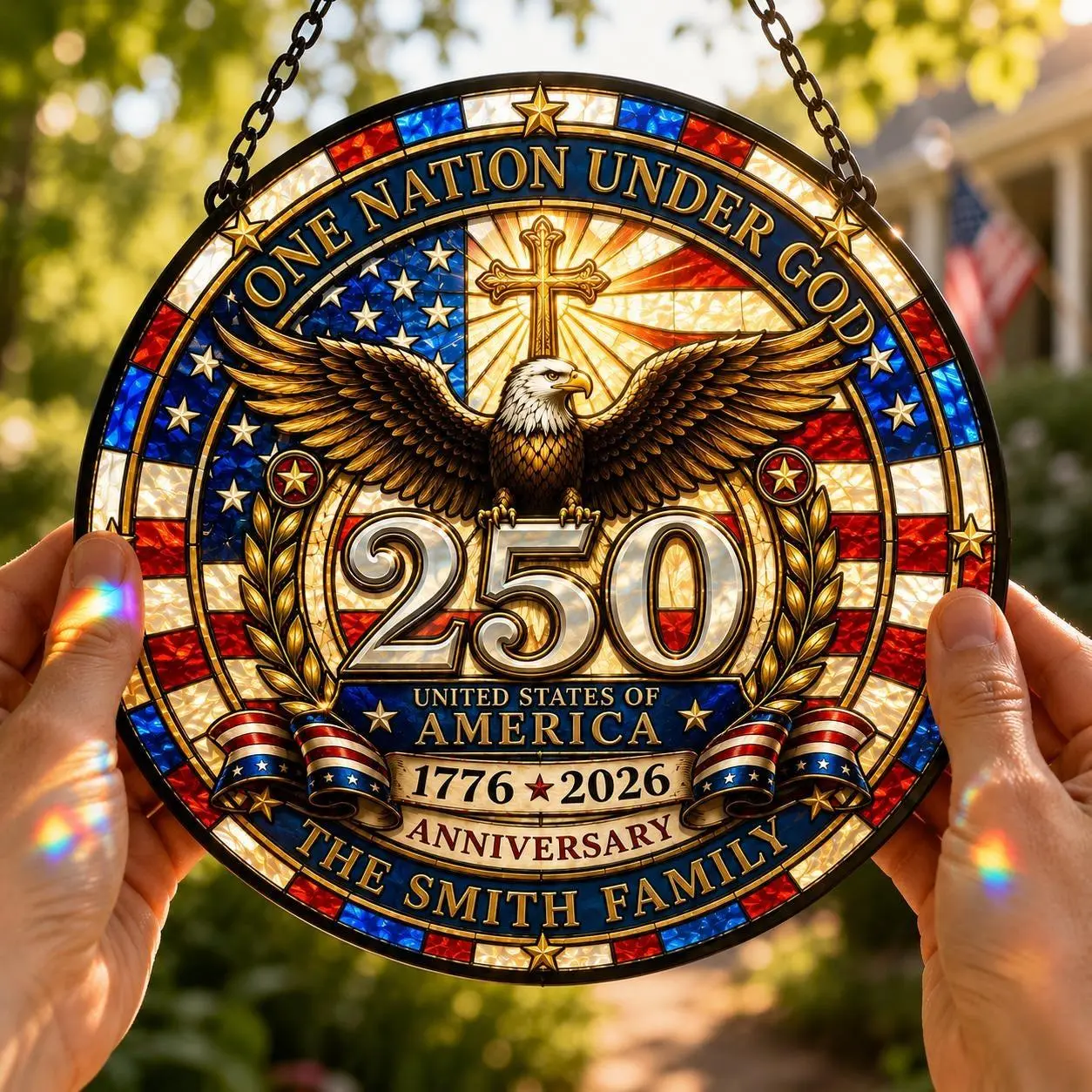 [Made in US] Personalized 250th Anniversary USA Stained Glass Suncatcher, Patriotic Eagle Window Hanging, Custom Family Name Decor Gift, Eagle Glass Gift