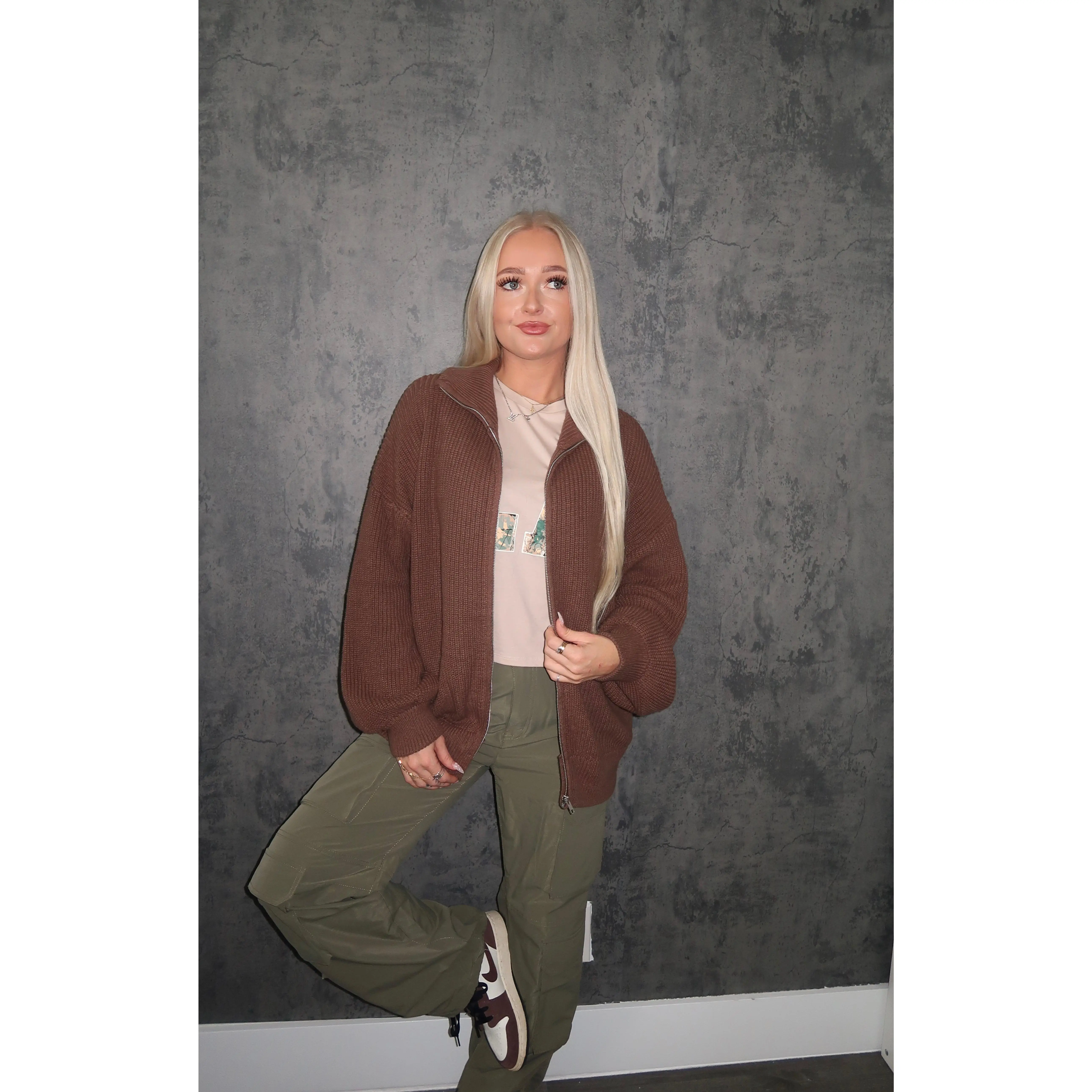 Oversized Knit Jacket- Brown