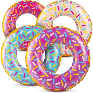 4 Pcs 24 Inch Donut Shaped Inflatable Pool Floats for Kids Ages 2-6, Cute Sprinkle Decorated Swim Ring Pool Tube with Vibrant Assorted Designs Perfect for Summer Pool Parties and Water Play Decorations