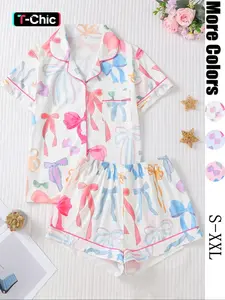 Women's All Over Bow Print Button Front Shirt & Shorts Pyjama Set, Comfort Two-piece Matching Pj Set for Homewear, Women's Sleepwear for All Seasons, Summer Sleepwear, Pajamas, Pajamas Lounge Set, Sleepwear Loungewear Set, Pajama Clothes