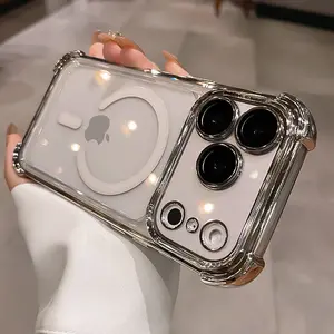 Transparent four-corner airbag case for iPhone 17/16/15/14/13/12 Pro Max, new magnetic charging case for iPhone 17 Pro with soft edges, 16 Pro minimalist design, 15 full-cover shockproof protective case.