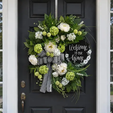 WreathQueen 24" Lightweight UV-Resistant Artificial Peony & Fruit Wreath (4 Designs, Color Stays Bright) with Hydrangea, Plastic/Rattan/Fabric Build, Vine Base - Front Door Spring Decor, Gift for Gift Lovers, Decorative Flowers