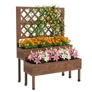 2-Tier Raised Garden Bed with Trellis, 41.93"X22.44"X54.13" Tall Wooden Elevated Planter Box with Legs & Drainage Holes, Outdoor Vertical Standing Flower Bed for Backyard, Patio, Balcony, Brown