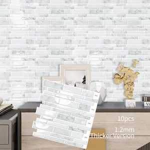 DEWOO White Marble Pattern with Vertical Stripe Design. Self-Adhesive Kitchen Backsplash Tiles — Simply Peel and Stick; Suitable for Both Bathrooms and Kitchens. Beautiful and Practical.