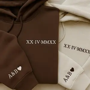 Roman Numeral Embroidered Matching T-shirt/ Sweatshirt/ Hoodie, Custom Initials With Heart Sleeve Jumper, Boyfriend Gift, Custom Anniversary Date Couple, Unisex Crew Neck Pullover for Men Women