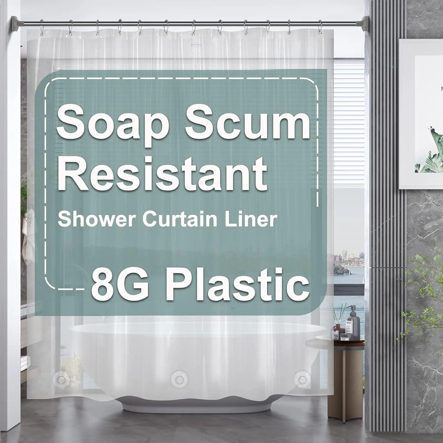 AmazerBath 8G Plastic Shower Curtain, Premium PEVA Waterproof Shower Curtain Liner, Heavy Duty Weighted Shower Liner for Bathroom Decor Ideas