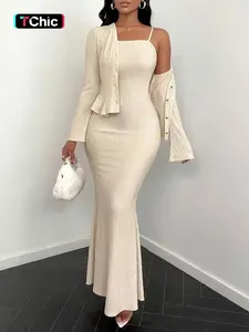 Elegant Aesthetic Textured Long Sleeve Cardigan Dress Set, Button Fly Design, Plain Pattern, Casual Wear Fall & Winter, Women's Fashion Clothing