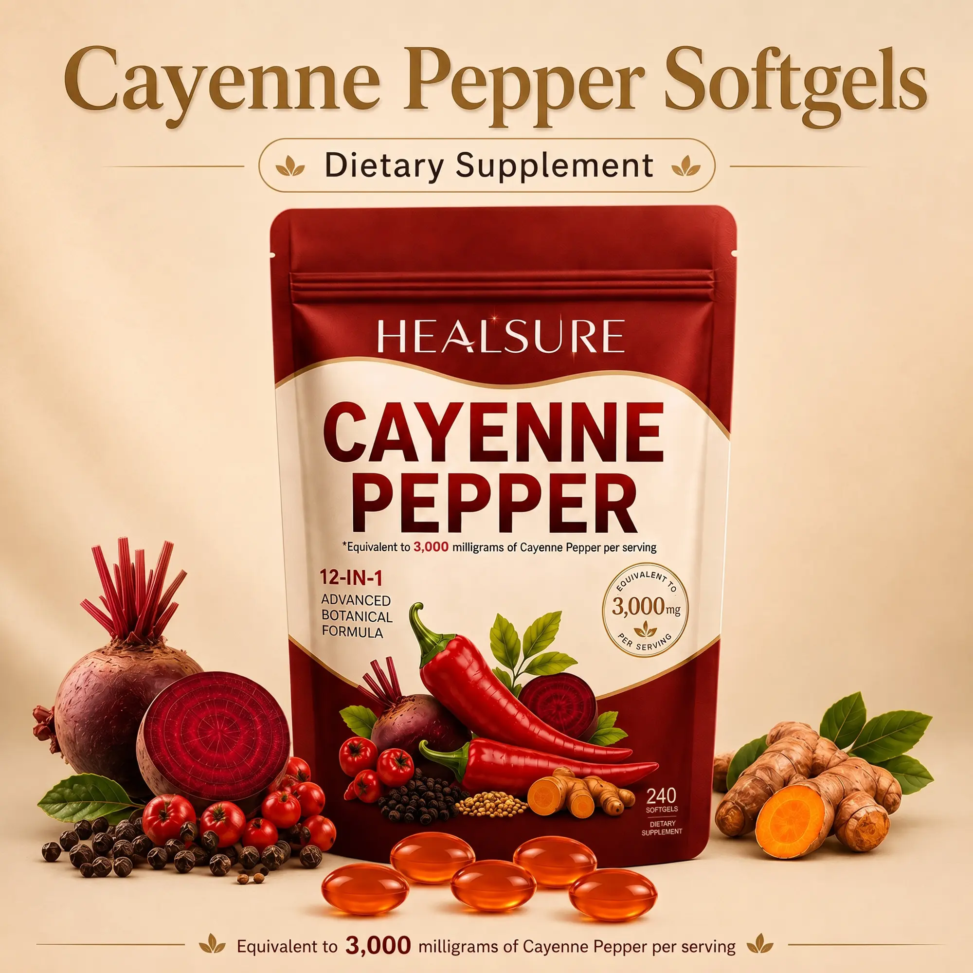 HEALSURE Cayenne Pepper Softgel Capsules – Herbal Wellness Formula with Vitamins E, D3 & K2, Grape Seed