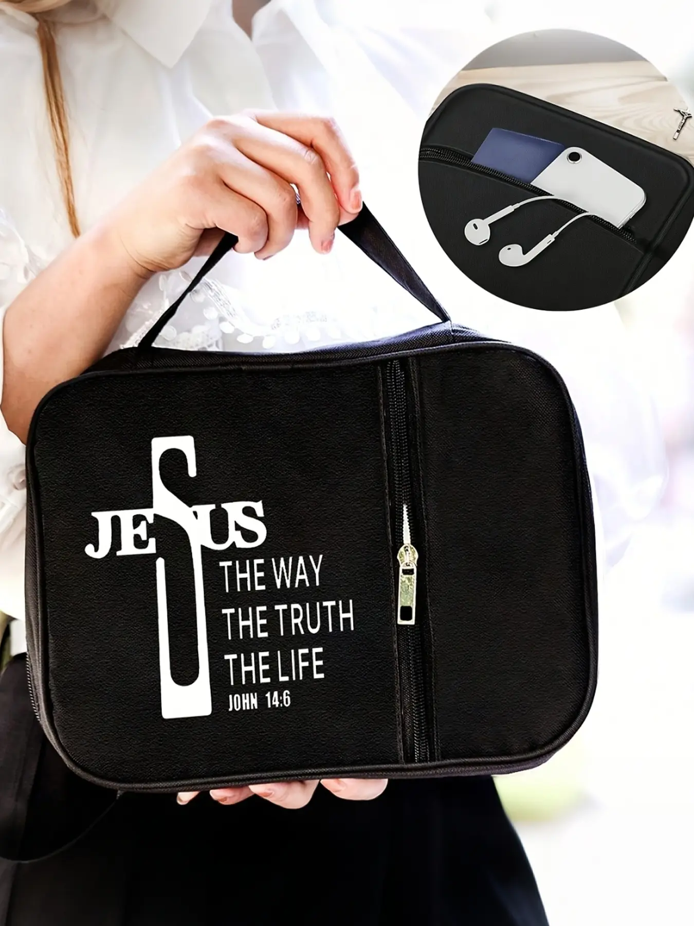 Black Handbag With 'Jusus' Print, Portable Book Storage Bag, Vintage Letter Printing Book Cover, Stainless Steel Cross Bookmark, Zippered Pockets for Books, Portable Bag, Portable Storage Bags
