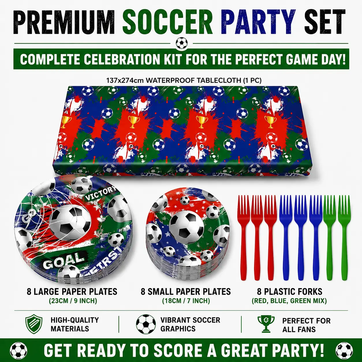 2026 Soccer Themed 4-Piece Festival Party Disposable Tableware Set, Including Plates, Waterproof & Oilproof Supplies, Ideal for Birthdays, Christmas, Disposable Plates, Festival Party Tableware