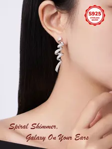 Elegant S925 Silver Hypoallergenic Moissanite Earrings for Women, 18K White Gold Plated Sparkly European Luxury Spiral S-Shape Long Dangle Stud Earrings, Non-Fading Face Slimming Fashion Jewelry for Daily Wear Party Date Gift， Approximately 6.08g